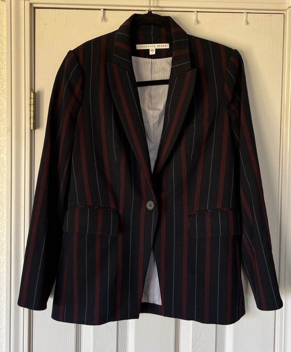 Veronica Beard Carter Cutaway Striped Navy/maroon Dickey Jacket blazer Sz 8